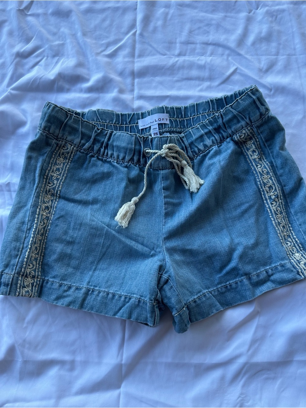LOFT Denim Blue Embroidered Drawstring Shorts